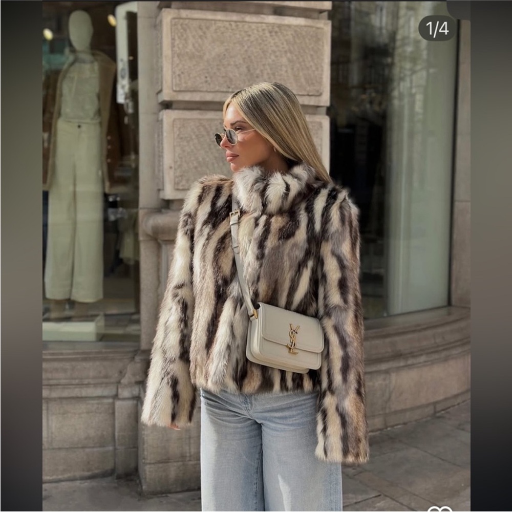 Zara Faux Fur Coat in White, Black and Brown - Picture 2 of 8